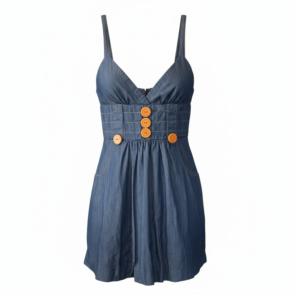 Blue Cotton Denim Dress with Pockets And Button Detail